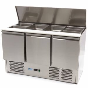 Gekühlte Salatbar aus Edelstahl, 3 Türen, 137 cm (Edelstahlabdeckung)