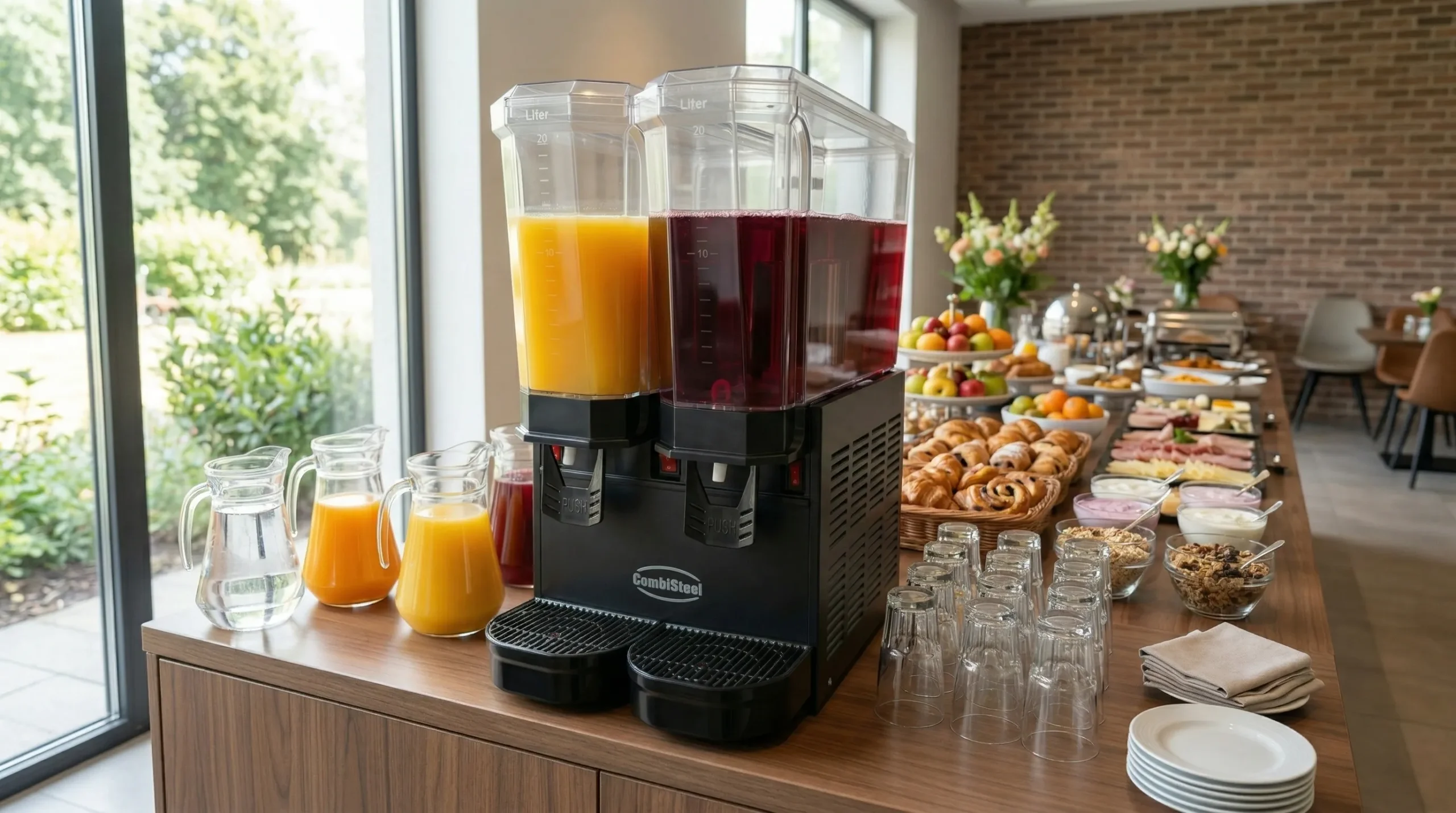 Distributeur de jus de fruits réfrigéré sur un buffet de petit-déjeuner d'hôtel