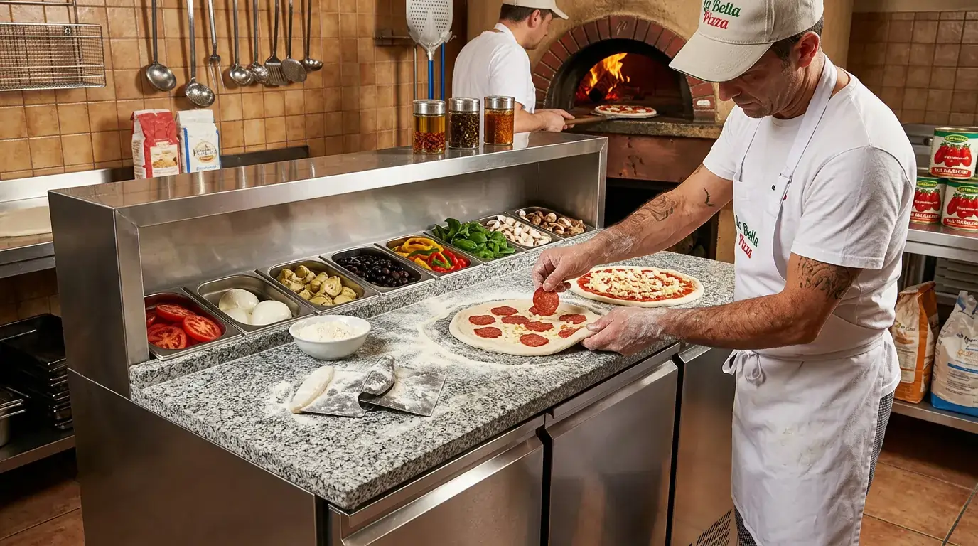 Professioneller Pizzatisch mit 3 Türen, Granit-Arbeitsplatte und Edelstahldeckel