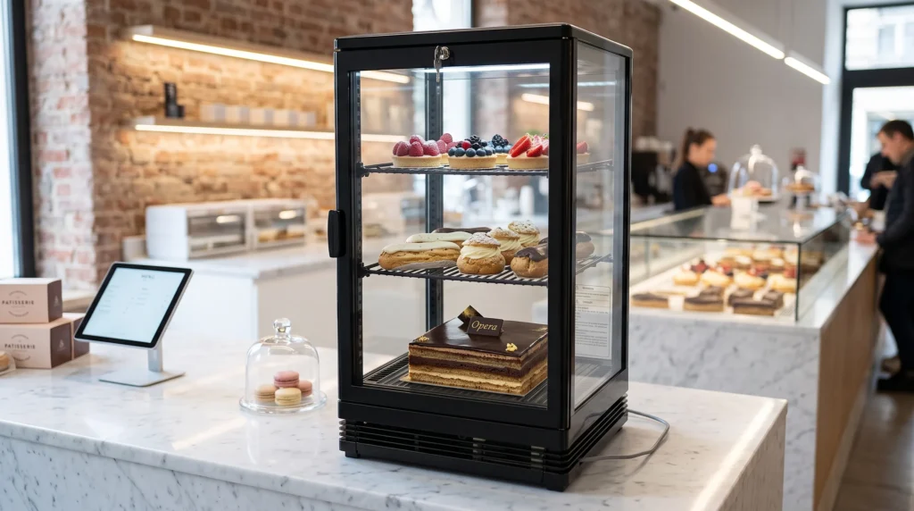 Temperatur einer Kühlvitrine einstellen, ohne Produkte zu gefährden 1 Vitrine réfrigérée de Comptoir 4 faces